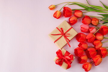 Red tulips with gifts on a pink background. A bouquet of flowers. Greeting card for March 8, Mother's Day, birthday