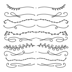 Set of decorative calligraphic elements for decoration. Hand drawn floral elements isolated on white background. Outline branches for books, greeting cards, invitations, web. Doodle style