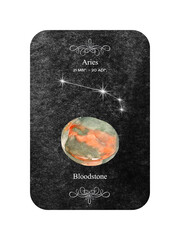 Watercolor zodiac sign Aries with stone Bloodstone on dark black background. April birthstone Bloodstone