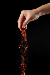 Hand sprinkling cayenne pepper on black background