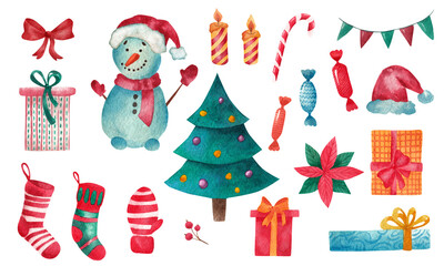 Christmas set. Watercolor. Elements on a white background. Illustration for postcards, banners, flyers and more