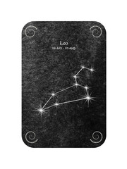 Watercolor zodiac sign Leo in the shape of Star Constellation on dark black background.