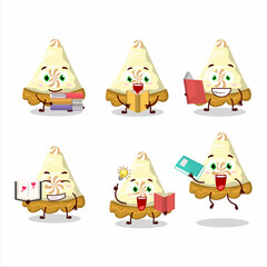 A picture of slice of lemon meringue pie cartoon character concept reading an amusing book