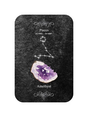 Watercolor zodiac sign Pisces with stone Amethyst on dark black background. March birthstone Amethyst