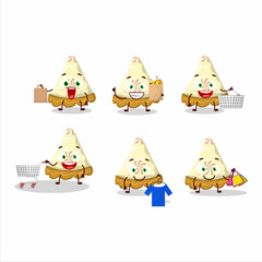 A Rich slice of lemon meringue pie mascot design style going shopping