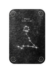 Watercolor zodiac sign Pisces in the shape of Star Constellation on dark black background.