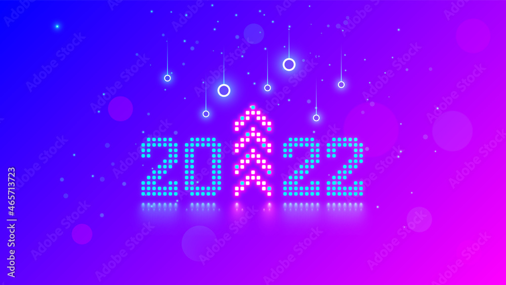 Poster New Year digits 2022 and Christmas tree in tech style. 20 22 consist of neon dots or pixels on blue pink background. 2022 New Year card digital technological industry. Xmas computer holiday banner.
