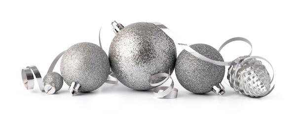 Silver sparkling Christmas baubles isolated on white background