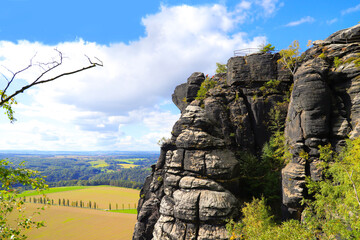 View to a viewing point on the mountain Lilienstein, Saxon Switzerland - Germany