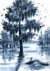 Indigo colored nautical painting with louisuana swamp, cypress tree and spanish moss. Hand drawn watercolor illustration. - obrazy, fototapety, plakaty
