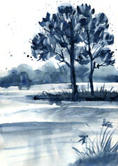 Indigo colored nautical painting with lake scenery and trees on the shore. Hand drawn watercolor illustration.