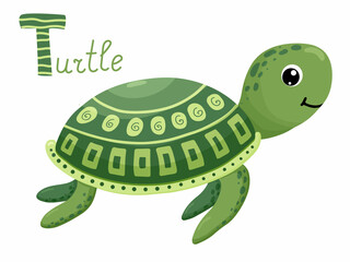 cartoon green turtle. Animal alphabet. isolated on white background. Letter T learning. Vector.
