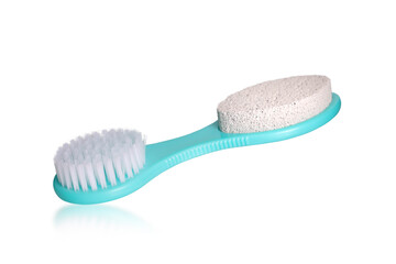 Blue brush with stone scrub, foot hygiene tool isolated on white background. Selfcare, body care, pedicure.