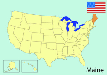 usa map with states, federal, Maine state, vector illustration 