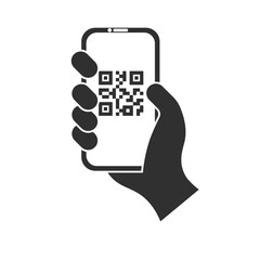 QR code scanning icon in smartphone. hand holding Mobile phone in line style, web, mobile app, promo, barcode scanner for pay