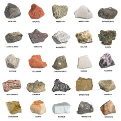 Set of the most common minerals  isolated on white background. Iron ore, sandstone,  phosphorite,...