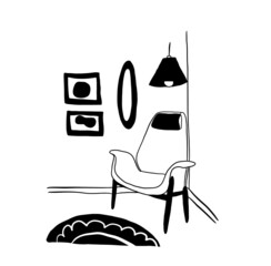 interior design black and white furniture sketch, vector eps file outline