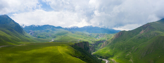 A wonderful mountain road with a serpentine in the North Caucasus from the Narzan Valley to Dzhily-Su, Russia.