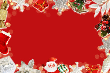 Santa Claus, gifts and snowflakes on a red background. Frame made of New Year's decorations. Christmas card. Copy space.