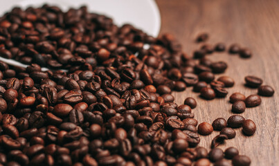 natural coffee Hot drink spilled grains photograph of the object