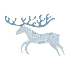 Gray deer in boho in pastel colors. Beautiful wild animal. Winter vector illustration isolated on white background.