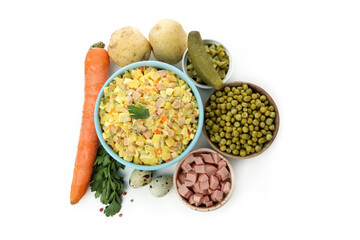 Olivier salad and ingredients isolated on white background