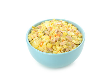Bowl of Olivier salad isolated on white background