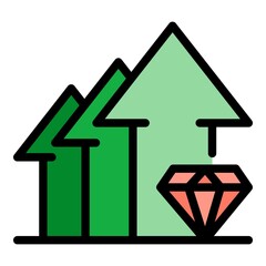 Diamond and three up arrows icon. Outline diamond and three up arrows vector icon color flat isolated
