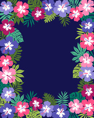 Colorful hibiscus flower and palm leaf border frame vector.