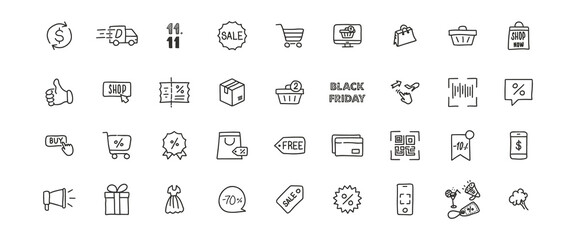 36 one line hand drawn icons for e-commerce, online shopping, Black Friday, 11.11 world shopping day. Vector illustration