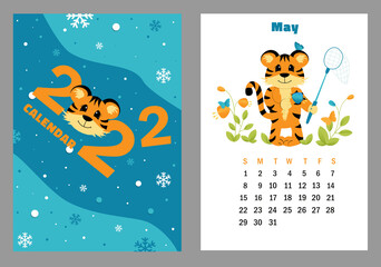 Vector vertical calendar 2022 with symbol of the year tiger. Cute funny character little tiger. Week starts on Sunday. A set of page May and cover in size A3, A4, A5. Colorful design. EPS10.