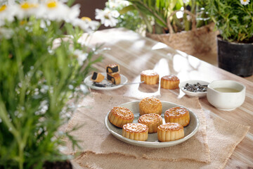 Mooncake for mid autumn festival, concept of traditional festive food