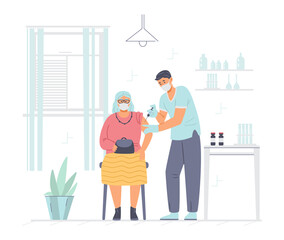 Senior woman getting vaccination shot against coronavirus flat vector illustration. Medical cabinet with doctor and patient.