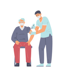 Senior man getting vaccination shot against coronavirus flat vector illustration. Isolated on white.