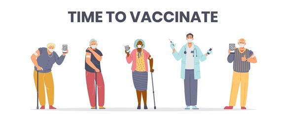 Elderly people vaccination flat vector horizontal banner. Senior men and women in face masks vaccinated holding phones with health passport. Doctor holding vaccine and syringe.