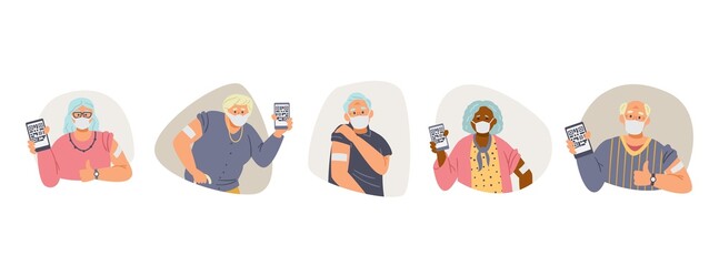 Elderly people vaccination flat vector collection.  Senior men and women in face masks vaccinated holding phones with health passport.