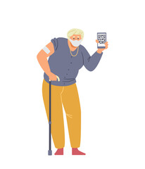 Senior woman vaccinated showing arm with patch and phone with vaccination certificate. Isolated on white.