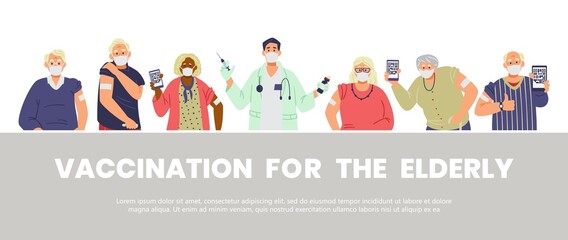 Elderly people vaccination flat vector horizontal banner. Senior men and women in face masks vaccinated holding phones with health passport. Doctor holding vaccine and syringe. - obrazy, fototapety, plakaty