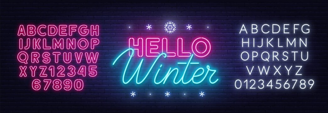 Hello Winter Neon Lettering On Brick Wall Background.