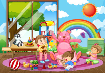 Obraz na płótnie Canvas KIndergarten room scene with many kids playing with their toys