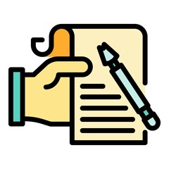 Paper in hand and ink pen icon. Outline paper in hand and ink pen vector icon color flat isolated