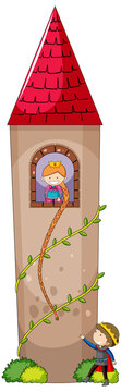 Simple Cartoon Style Of Rapunzel Princess In Castle Isolated On White Background