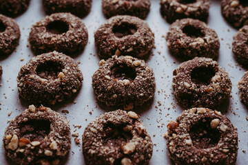 Cookie making factory bakery fresh cook biscuit.Chocolate cookies, freshly baked on table. Selective Focus. 