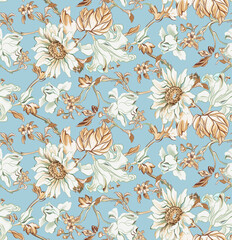 Floral Pattern with colourful big white flowers flowers on light blue background