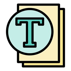 Sheets of paper and letter t icon. Outline sheets of paper and letter t vector icon color flat isolated