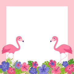 Tropical summer border vector with flamingo, hibiscus and leaf.