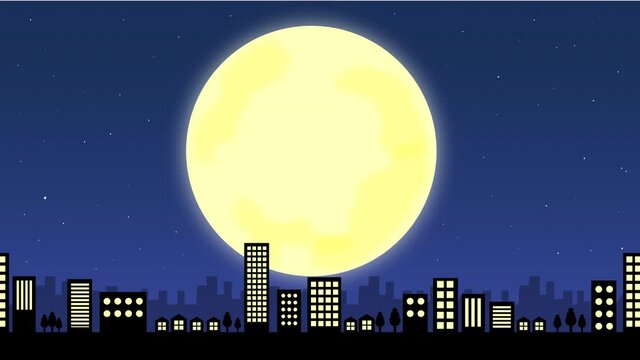 スーパームーンと横にスクロールする夜の都市（4K解像度）