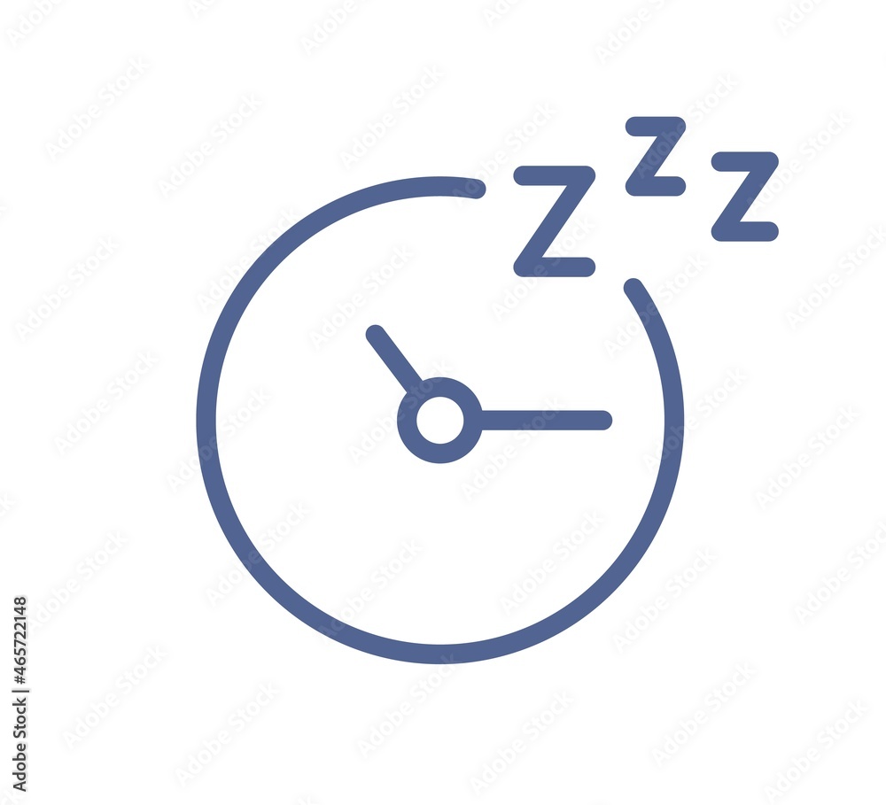 Poster Simple lineart clock icon with arrows at night sleeping time. Bedtime symbol in line art style. Pictogram for web interface design. Linear flat vector illustration isolated on white background