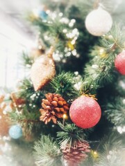 Christmas tree decorated with fancy red ball and beautiful ornaments.celebrate xmas wallpaper.christmas decoration with snowman