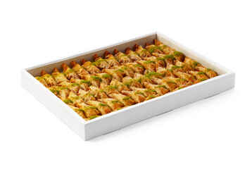 Turkish baklava dessert in a white box isolated on white.